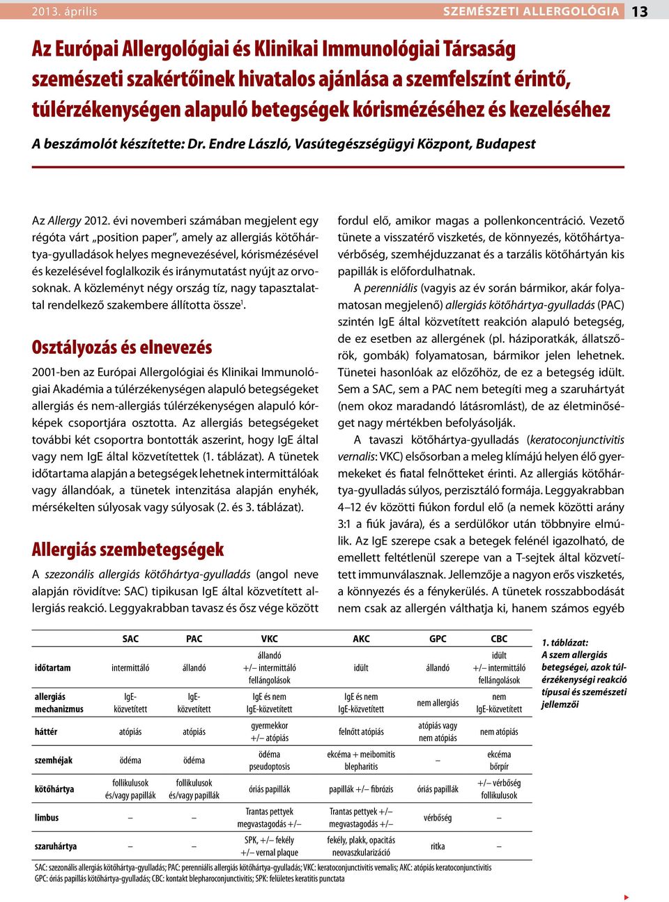 évi novemberi számában megjelent egy régóta várt position paper, amely az allergiás kötőhártya-gyulladások helyes megnevezésével, kórismézésével és kezelésével foglalkozik és iránymutatást nyújt az