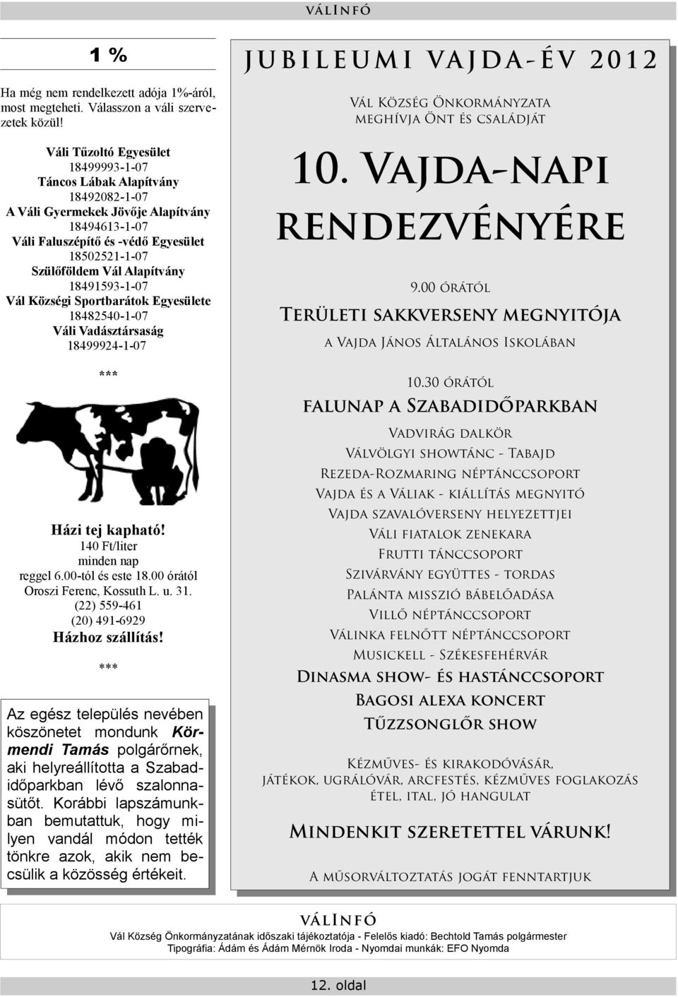 -védő Egyesület 18502521-1-07 Szülőföldem Vál Alapítvány 18491593-1-07 Vál Községi Sportbarátok Egyesülete 18482540-1-07 Váli Vadásztársaság 18499924-1-07 10. Vajda-napi rendezvényére 10.30 órától 9.