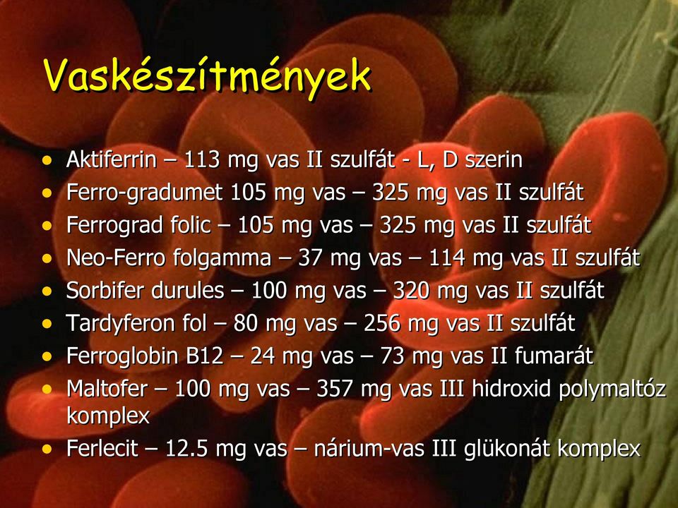 100 mg vas 320 mg vas II szulfát Tardyferon fol 80 mg vas 256 mg vas II szulfát Ferroglobin B12 24 mg vas 73 mg vas