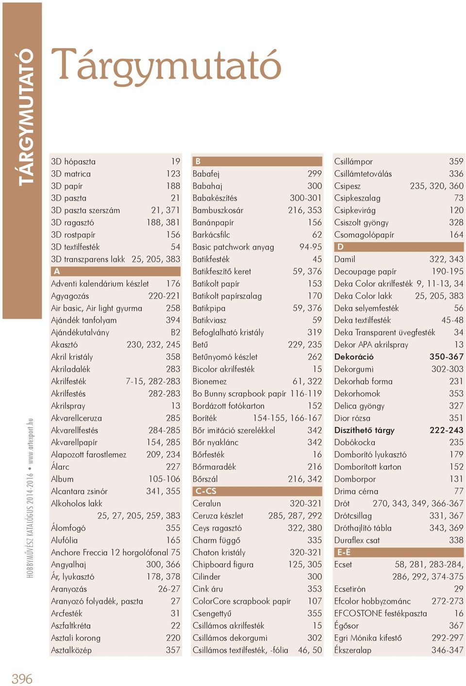 kalendárium készlet 176 Agyagozás 220-221 Air basic, Air light gyurma 258 Ajándék tanfolyam 394 Ajándékutalvány B2 Akasztó 230, 232, 245 Akril kristály 358 Akriladalék 283 Akrilfesték 7-15, 282-283