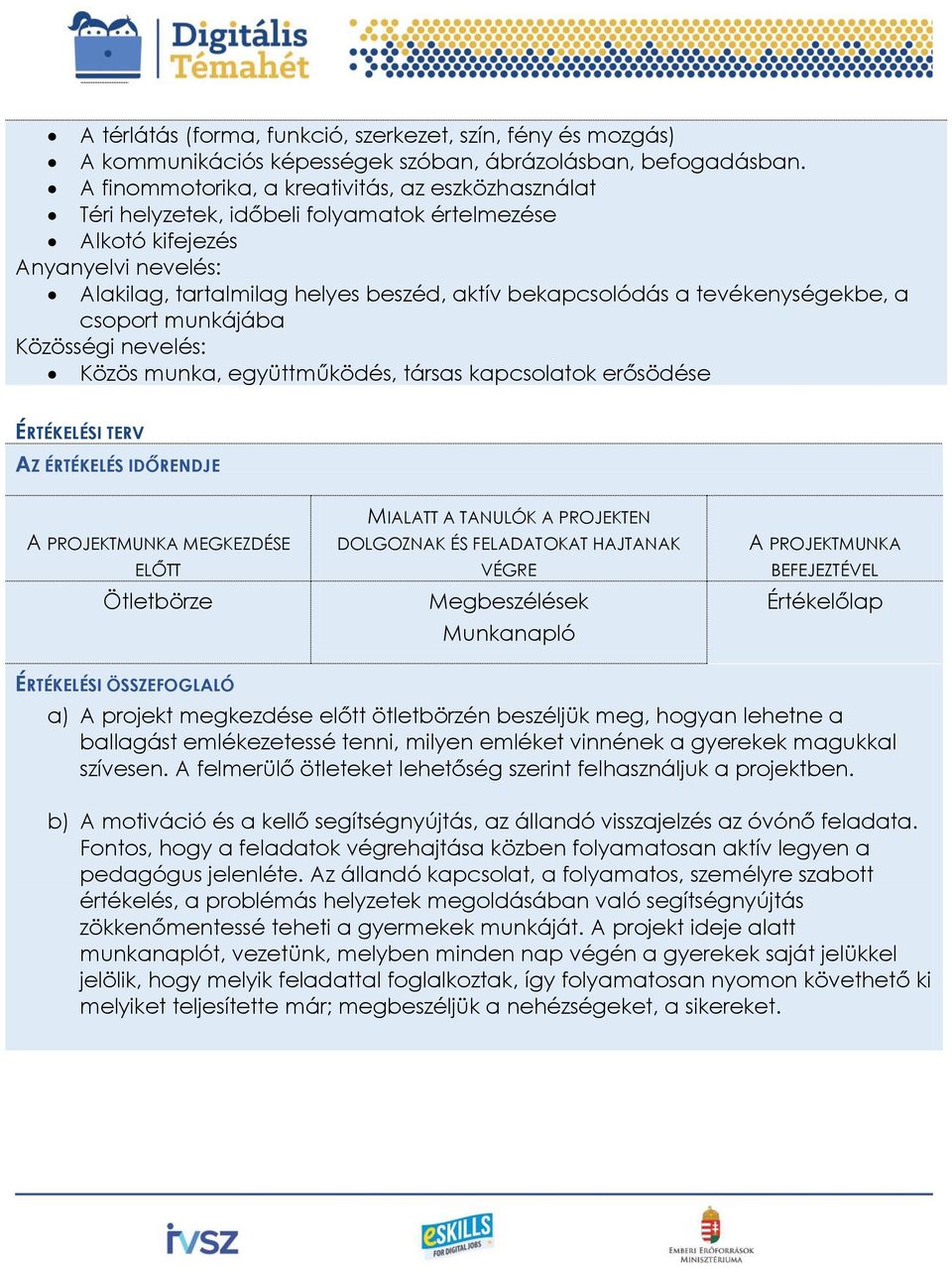 tevékenységekbe, a csoport munkájába Közösségi nevelés: Közös munka, együttműködés, társas kapcsolatok erősödése ÉRTÉKELÉSI TERV AZ ÉRTÉKELÉS IDŐRENDJE A PROJEKTMUNKA MEGKEZDÉSE ELŐTT Ötletbörze