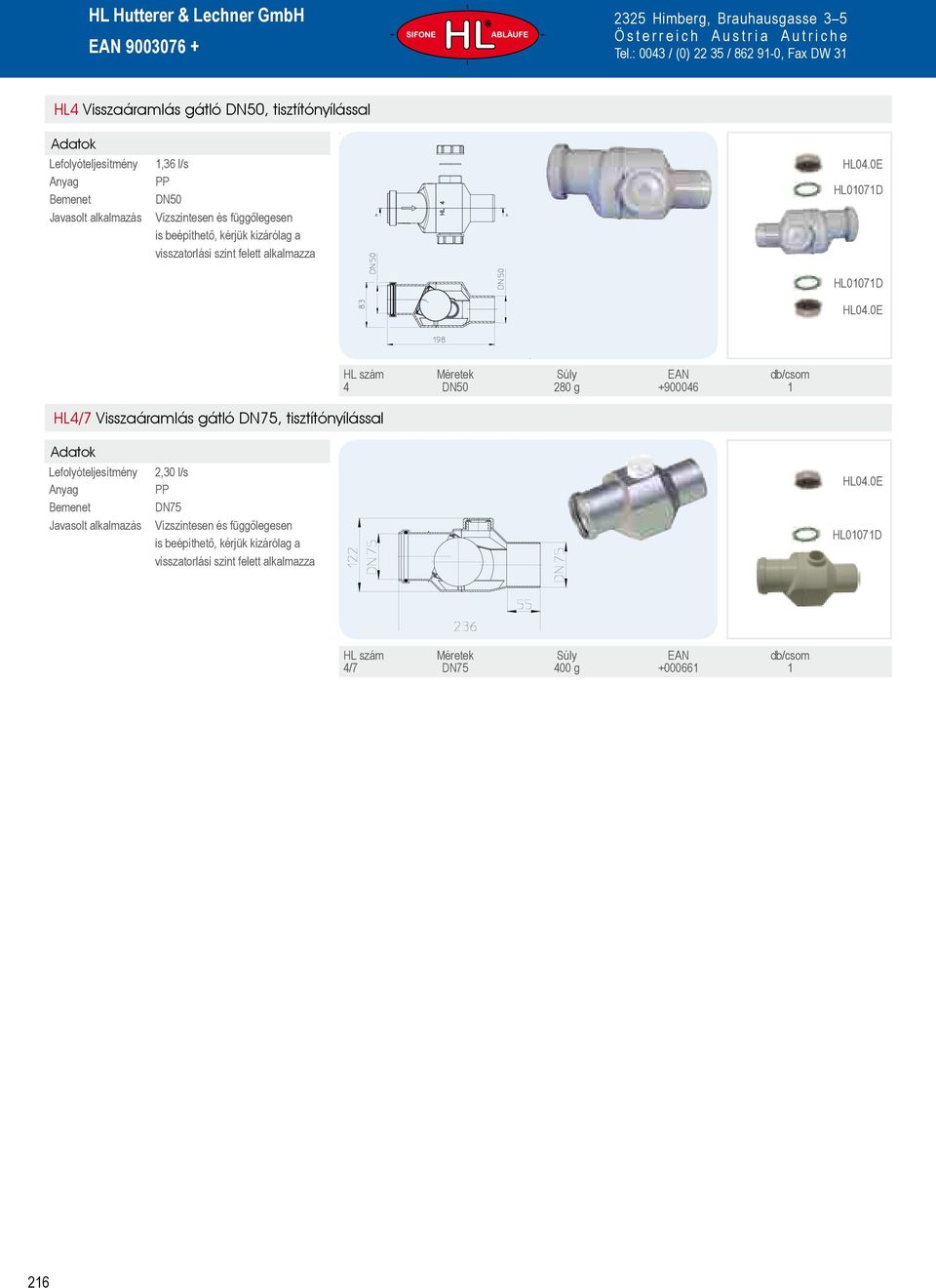 0E HL4/7 Visszaáramlás gátló DN75, tisztítónyílással 4 DN50 280 g +900046 1 2,30 l/s PP DN75 Vízszintesen és