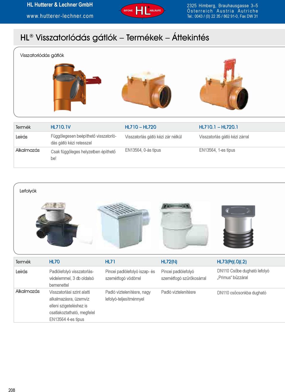 EN13564, 0-ás típus EN13564, 1-es típus Lefolyók Termék HL70 HL71 HL72(N) HL73(Pr)(.0)(.