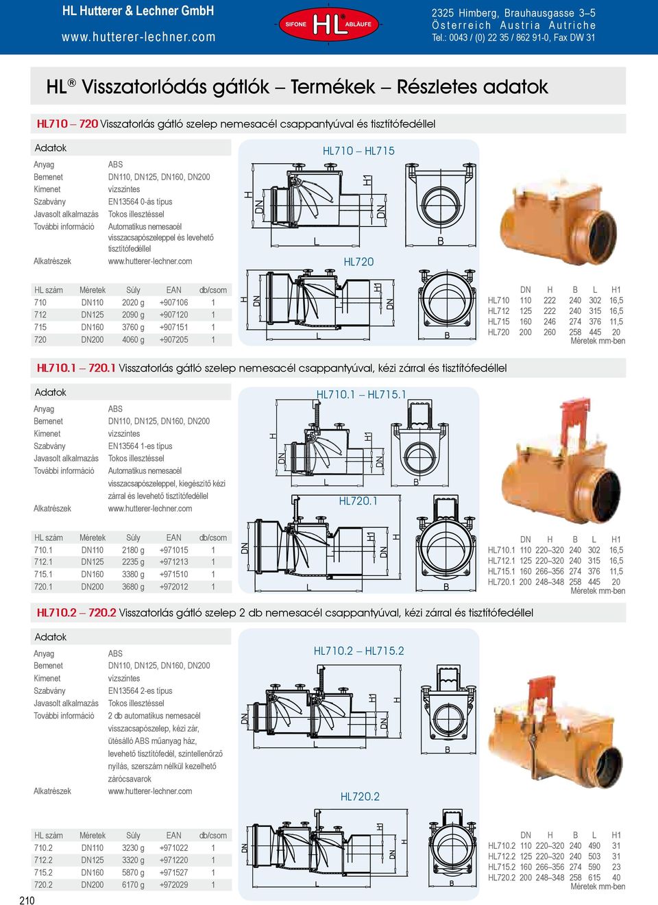 +907205 1 DN H B L H1 HL710 110 222 240 302 16,5 HL712 125 222 240 315 16,5 HL715 160 246 274 376 11,5 HL720 200 260 258 445 20 Méretek mm-ben HL710.1 720.