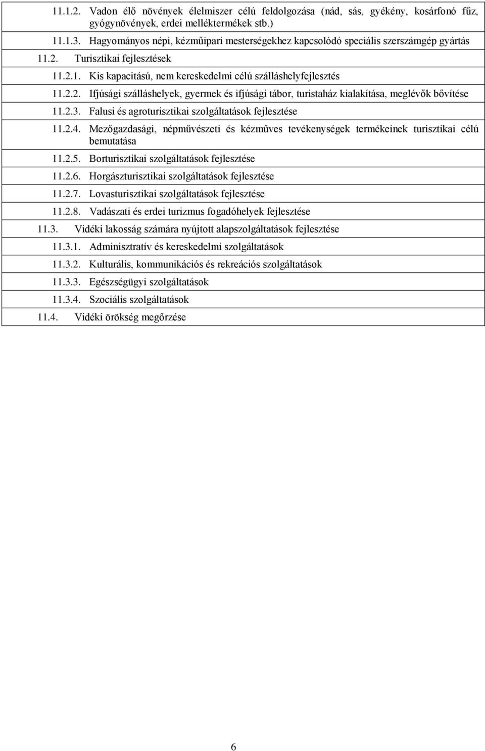 2.3. Falusi és agroturisztikai szolgáltatások fejlesztése 11.2.4. Mezőgazdasági, népművészeti és kézműves tevékenységek termékeinek turisztikai célú bemutatása 11.2.5.