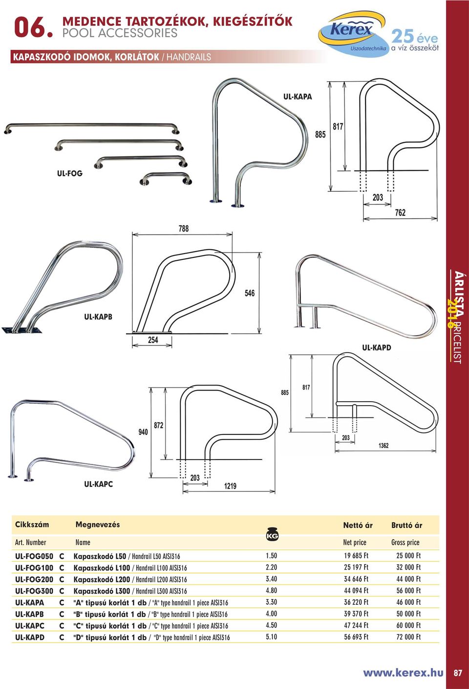 40 34 646 Ft 44 000 Ft UL-FOG300 C Kapaszkodó L300 / Handrail L300 AISI316 4.80 44 094 Ft 56 000 Ft UL-KAPA C "A" tipusú korlát 1 db / "A" type handrail 1 piece AISI316 3.