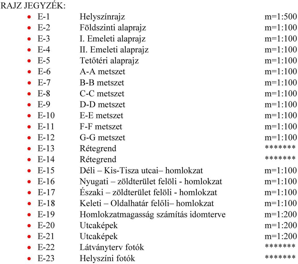 F-F metszet m=1:100 E-12 G-G metszet m=1:100 E-13 Rétegrend ******* E-14 Rétegrend ******* E-15 Déli Kis-Tisza utcai homlokzat m=1:100 E-16 Nyugati zöldterület felöli - homlokzat