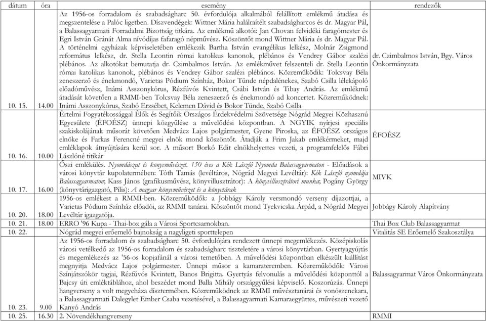 Az emlékmő alkotói: Jan Chovan felvidéki faragómester és Egri István Gránát Alma nívódíjas fafaragó népmővész. Köszöntıt mond Wittner Mária és dr. Magyar Pál.