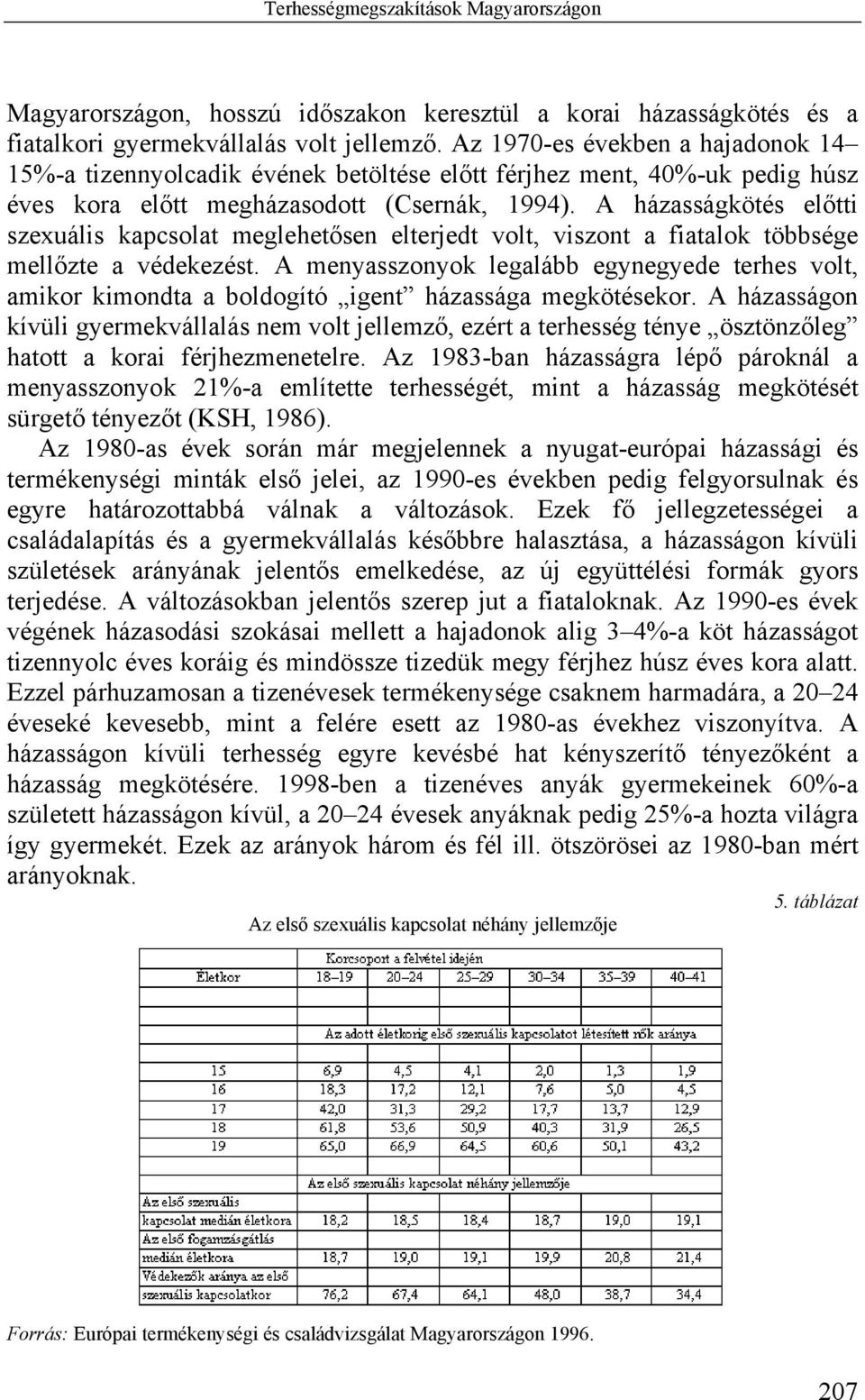 A házasságkötés előtti szexuális kapcsolat meglehetősen elterjedt volt, viszont a fiatalok többsége mellőzte a védekezést.