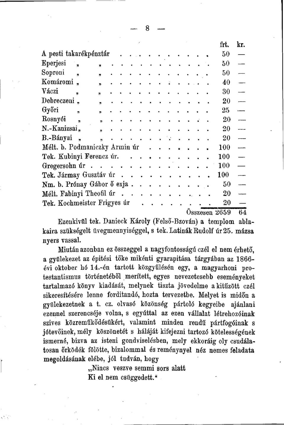 Danieck Károly (Felső-Bzován) a templom ablakaira szükségelt üvegmenuyiséggel, s tek. Latinak Rudolf úr 25. mázsa nyers vassal.