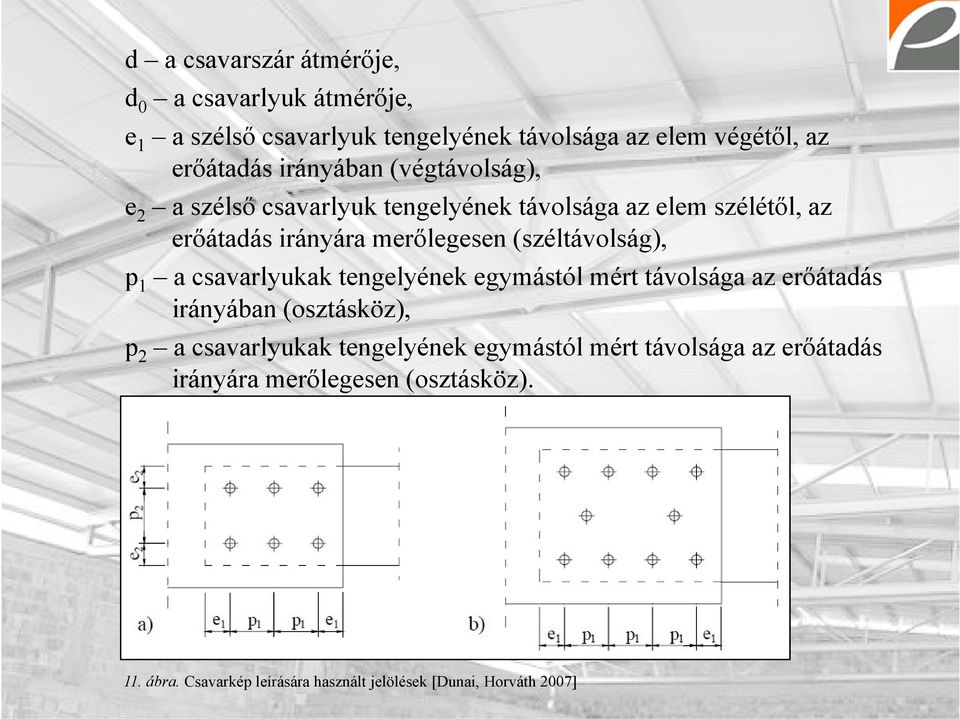 (széltávolság), p 1 a csavarlyukak tengelyének egymástól mért távolsága az erőátadás irányában (osztásköz), p 2 a csavarlyukak