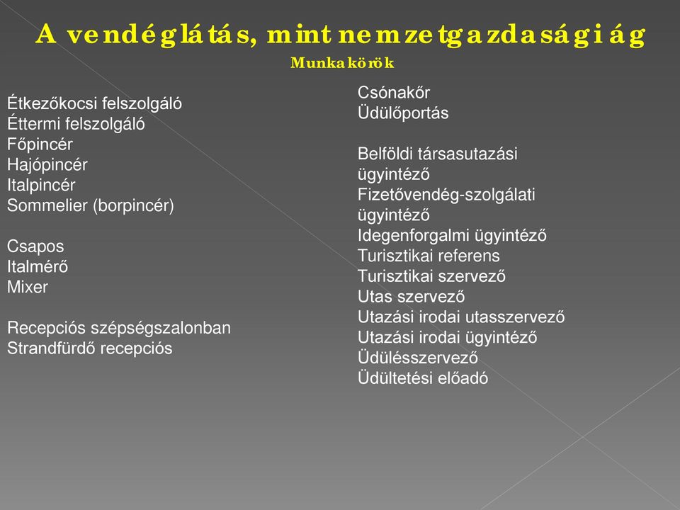 Üdülőportás Belföldi társasutazási ügyintéző Fizetővendég-szolgálati ügyintéző Idegenforgalmi ügyintéző Turisztikai