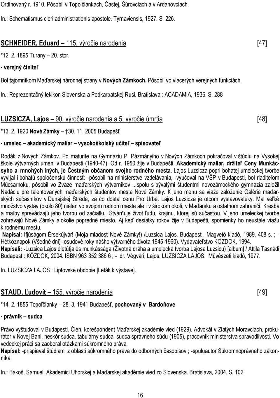 : Reprezentačný lekikon Slovenska a Podkarpatskej Rusi. Bratislava : ACADAMIA, 1936. S. 288 LUZSICZA, Lajos 90. výročie narodenia a 5. výročie úmrtia [48] *13. 2. 1920 Nové Zámky 30. 11.