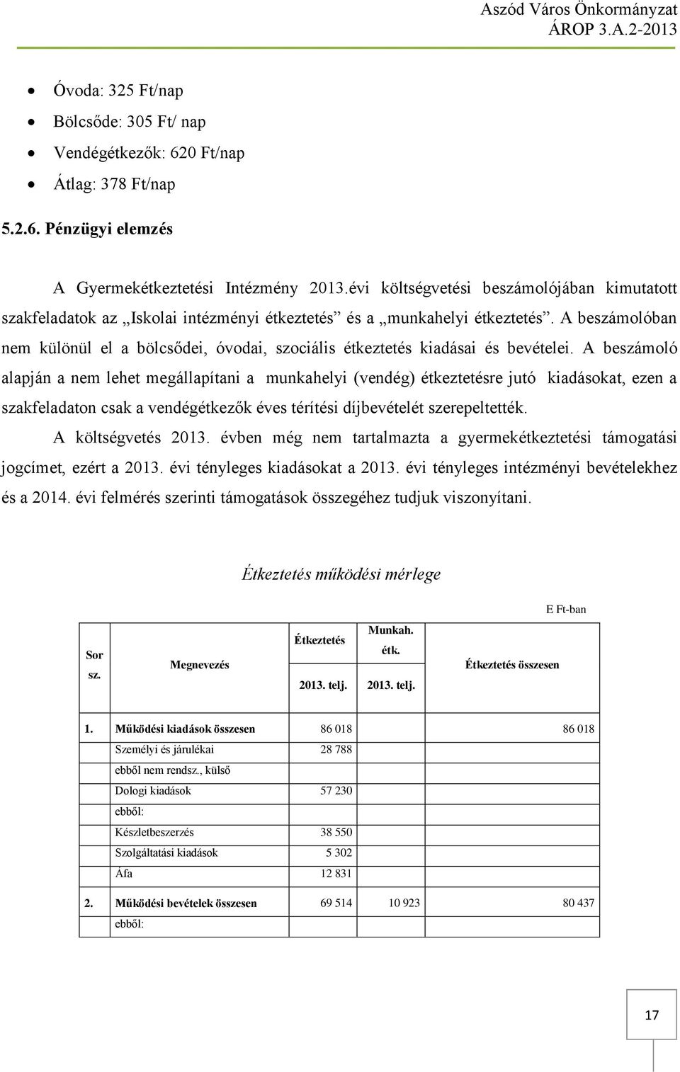 A beszámolóban nem különül el a bölcsődei, óvodai, szociális étkeztetés kiadásai és bevételei.