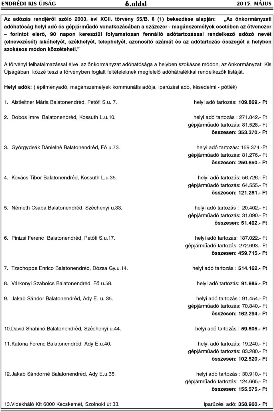 adótartozással rendelkezõ adózó nevét (elnevezését) lakóhelyét, székhelyét, telephelyét, azonosító számát és az adótartozás összegét a helyben szokásos módon közzéteheti.