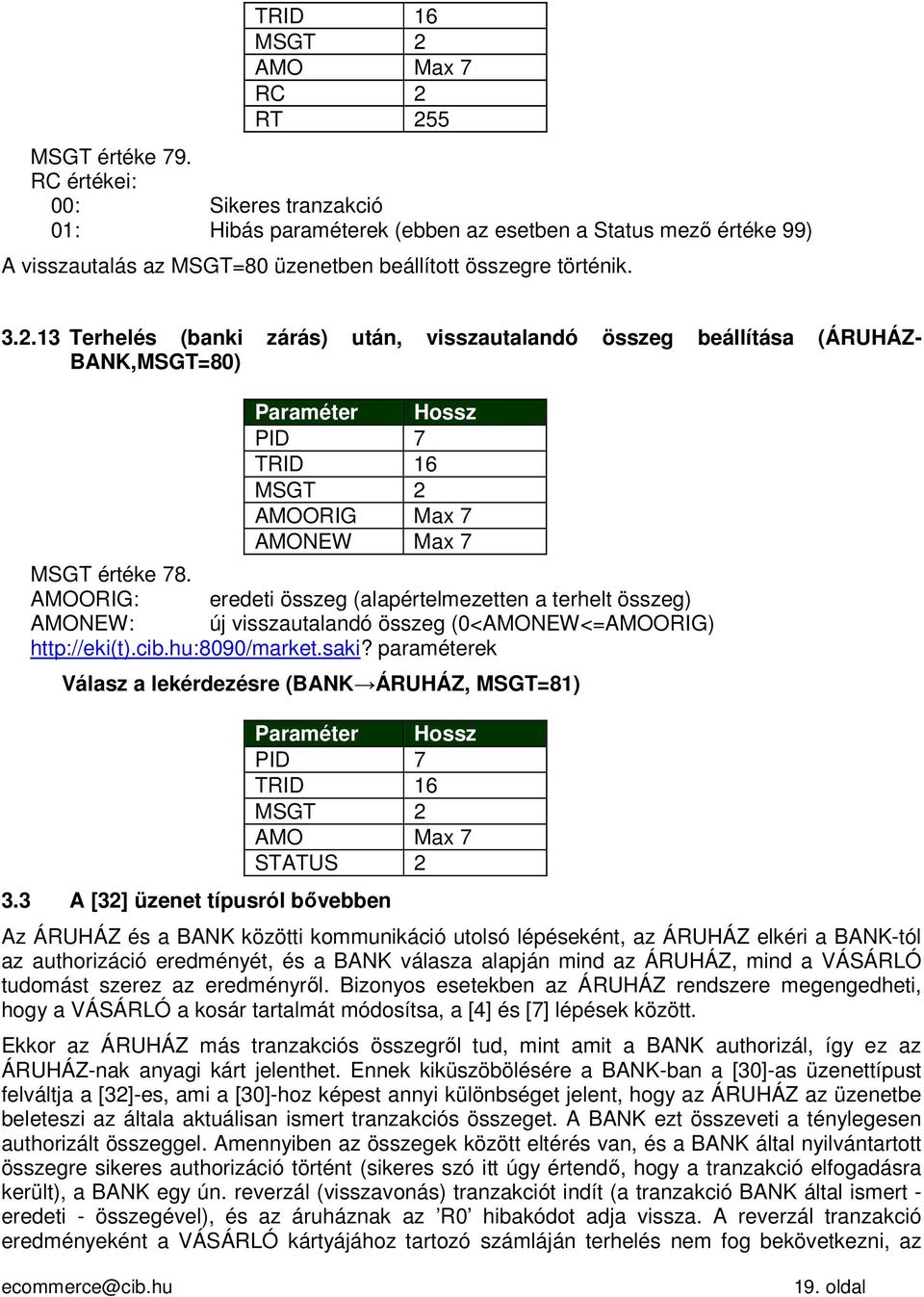 13 Terhelés (banki zárás) után, visszautalandó összeg beállítása (ÁRUHÁZ- BANK,MSGT=80) Paraméter Hossz PID 7 TRID 16 MSGT 2 AMOORIG Max 7 AMONEW Max 7 MSGT értéke 78.