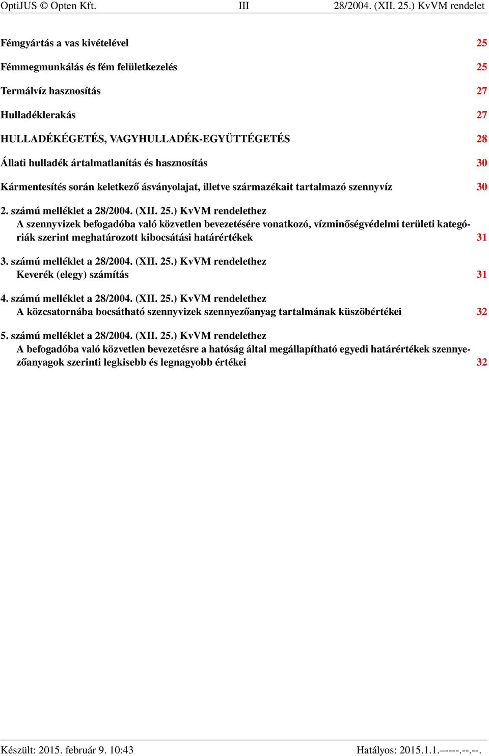 ártalmatlanítás és hasznosítás 30 Kármentesítés során keletkező ásványolajat, illetve származékait tartalmazó szennyvíz 30 2. számú melléklet a 28/2004. (XII. 25.