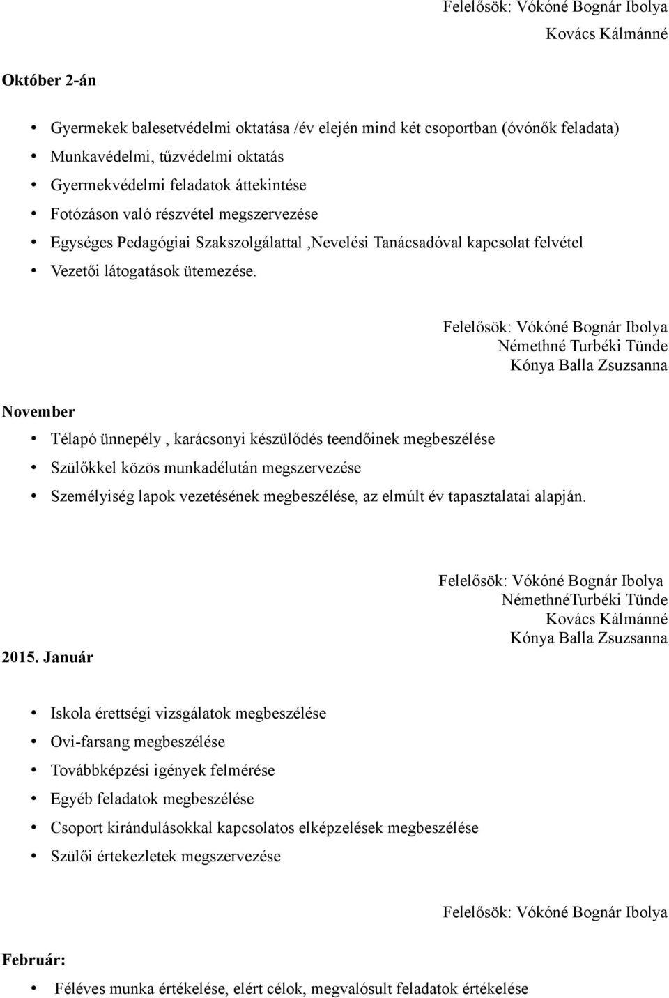 Felelősök: Vókóné Bognár Ibolya Némethné Turbéki Tünde Kónya Balla Zsuzsanna November Télapó ünnepély, karácsonyi készülődés teendőinek megbeszélése Szülőkkel közös munkadélután megszervezése