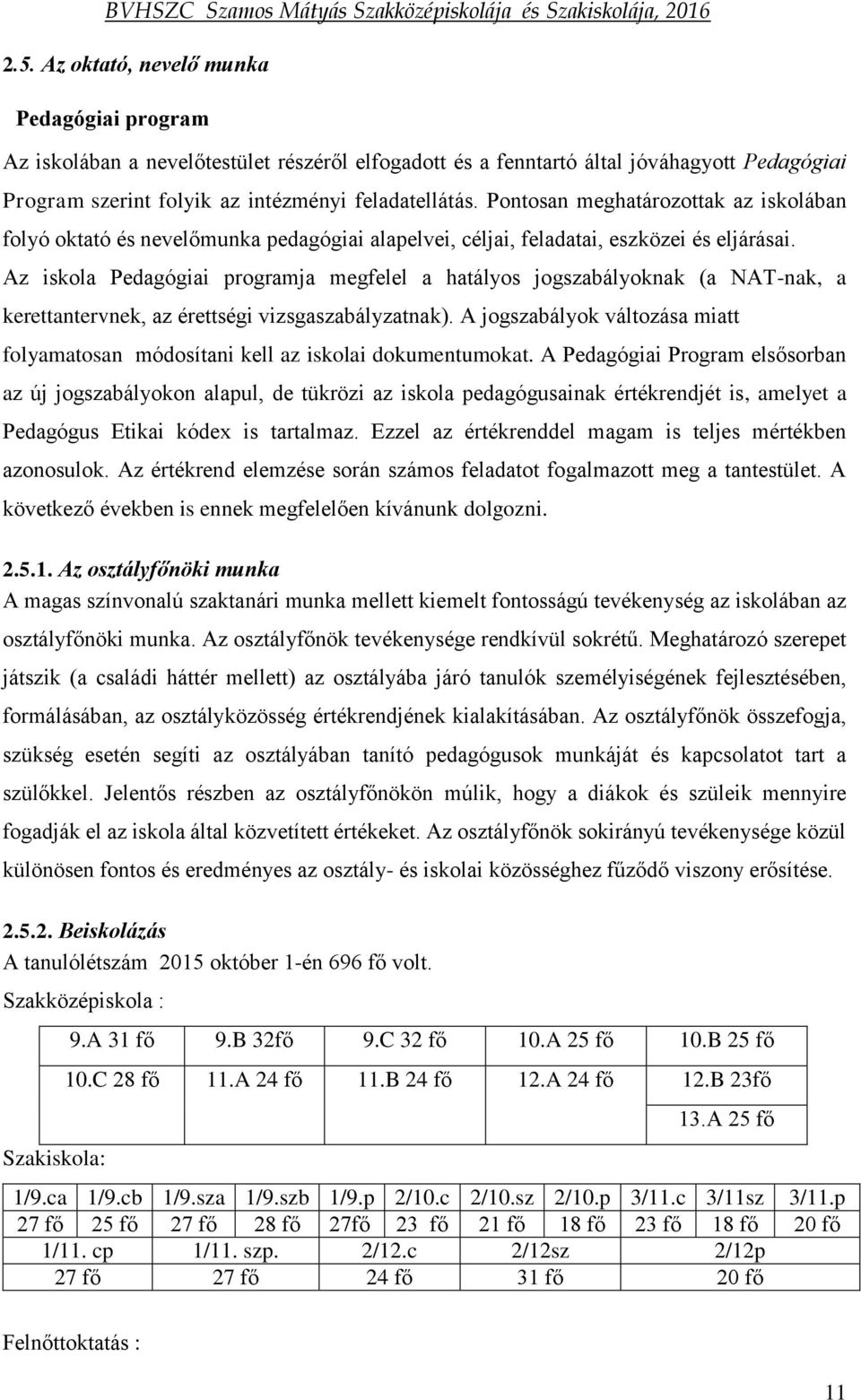 Az iskola Pedagógiai programja megfelel a hatályos jogszabályoknak (a NAT-nak, a kerettantervnek, az érettségi vizsgaszabályzatnak).