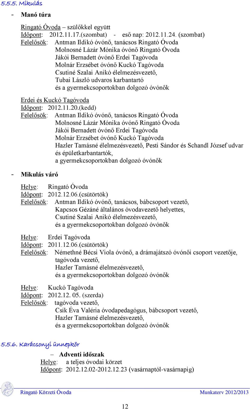 Anikó élelmezésvezető, Tubai László udvaros karbantartó és a gyermekcsoportokban dolgozó óvónők Erdei és Kuckó Tagóvoda Időpont: 201