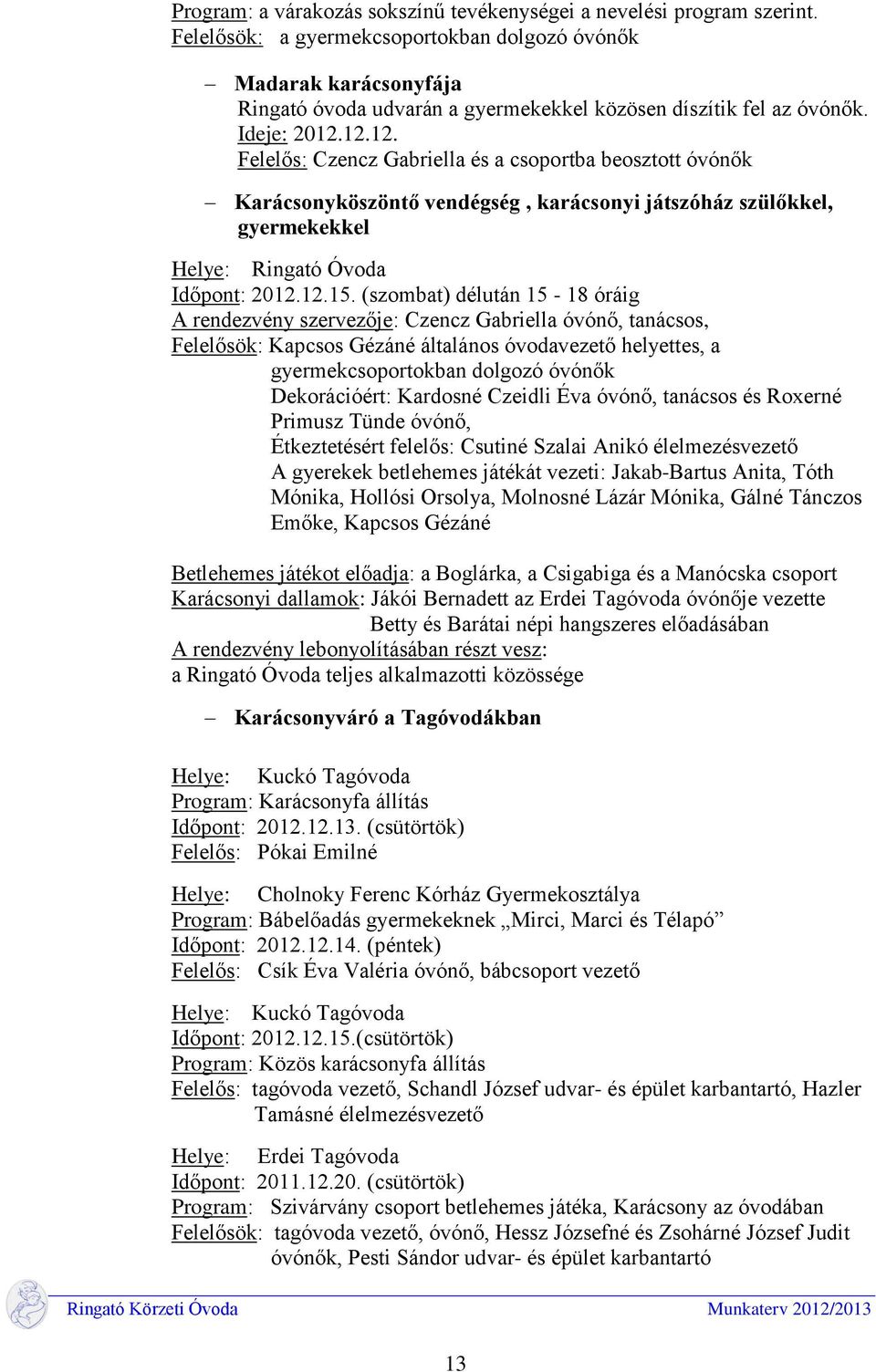 12.12. Felelős: Czencz Gabriella és a csoportba beosztott óvónők Karácsonyköszöntő vendégség, karácsonyi játszóház szülőkkel, gyermekekkel Helye: Ringató Óvoda Időpont: 2012.12.15.