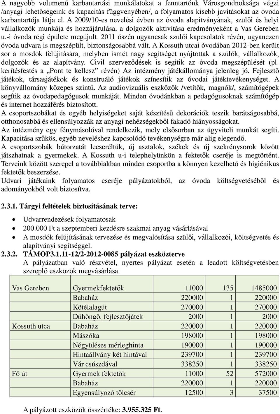 2011 őszén ugyancsak szülői kapcsolatok révén, ugyanezen óvoda udvara is megszépült, biztonságosabbá vált.