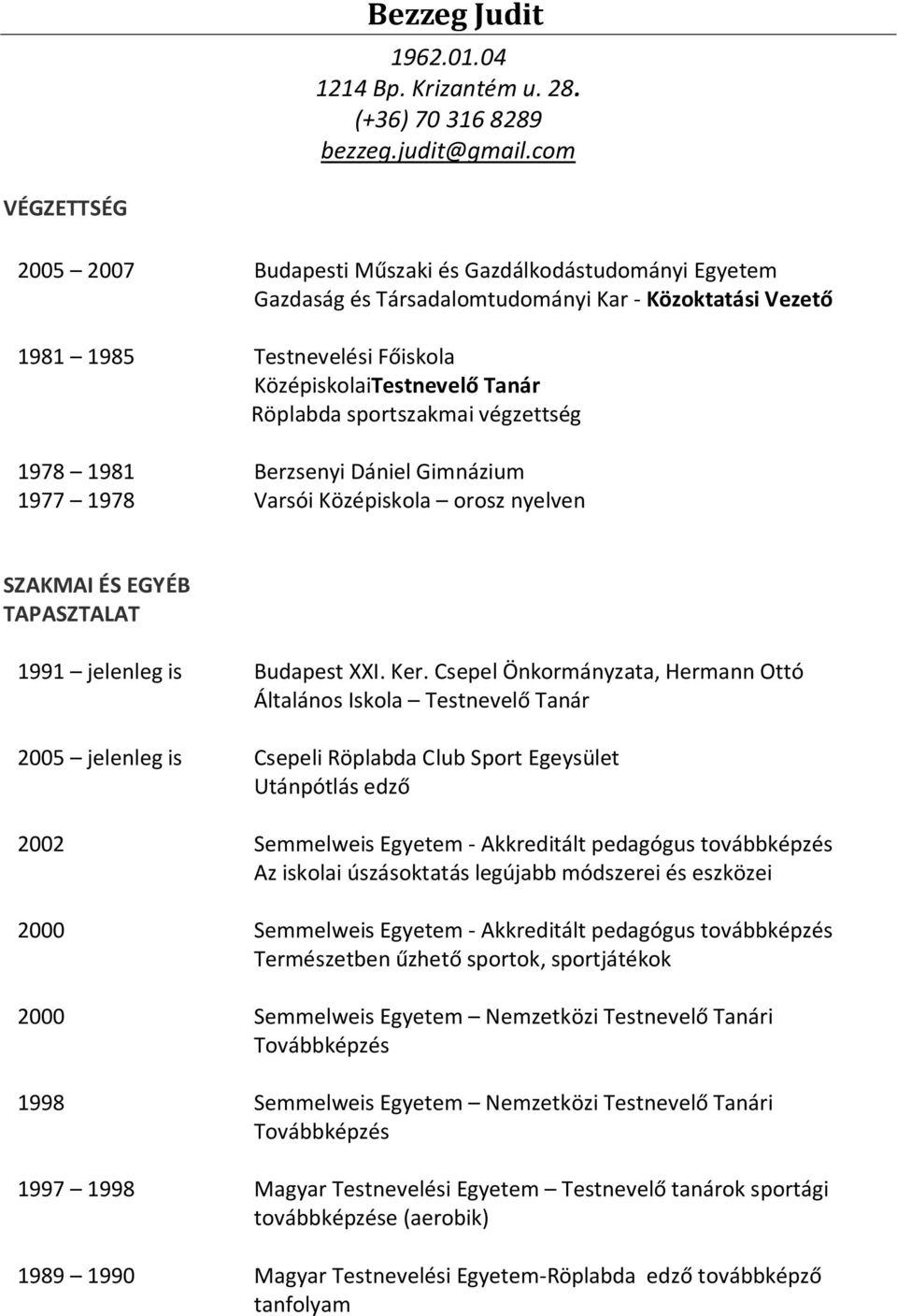 Röplabda sportszakmai végzettség 1978 1981 Berzsenyi Dániel Gimnázium 1977 1978 Varsói Középiskola orosz nyelven SZAKMAI ÉS EGYÉB TAPASZTALAT 1991 jelenleg is Budapest XXI. Ker.