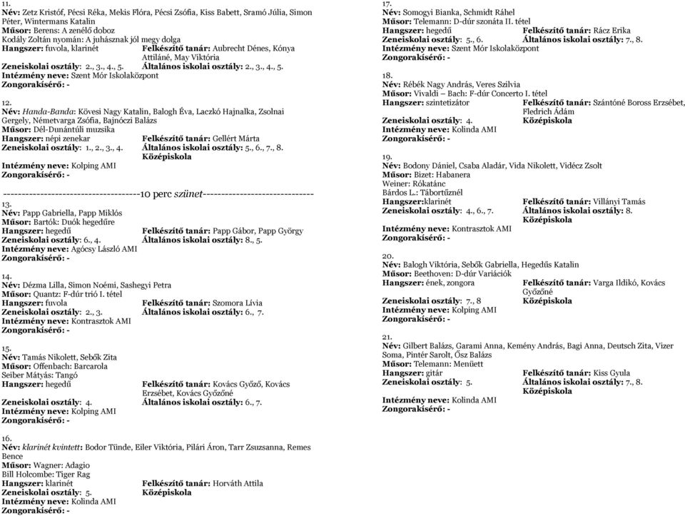 Név: Handa-Banda: Kövesi Nagy Katalin, Balogh Éva, Laczkó Hajnalka, Zsolnai Gergely, Németvarga Zsófia, Bajnóczi Balázs Műsor: Dél-Dunántúli muzsika Hangszer: népi zenekar Felkészítő tanár: Gellért