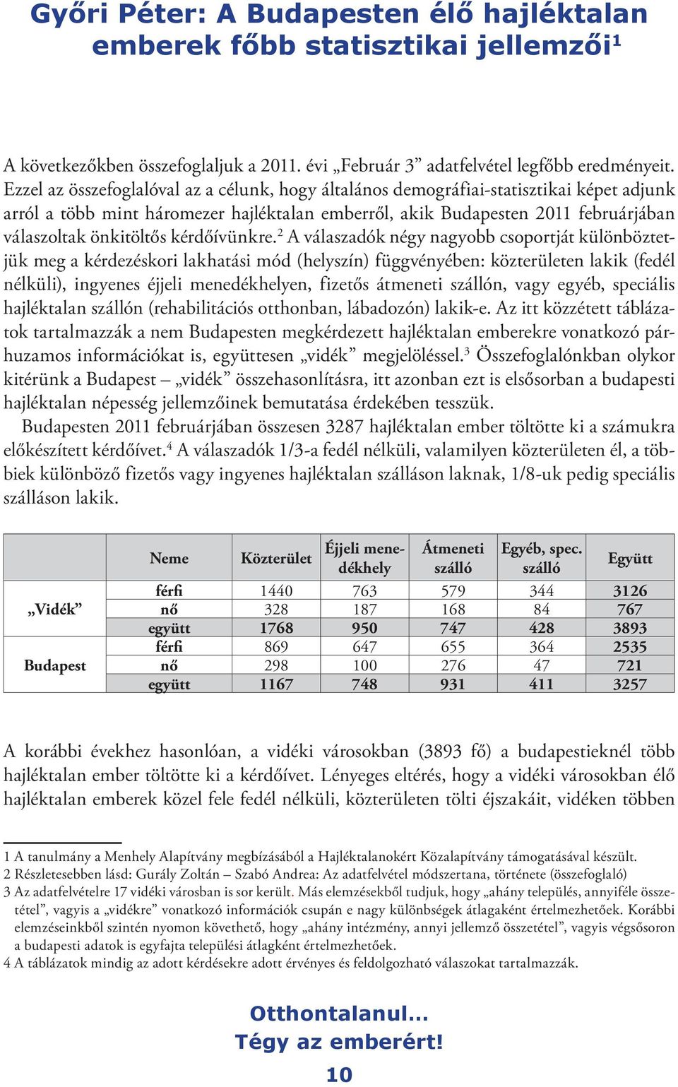 Ezzel az összefoglalóval az a célunk, hogy általános demográfiai-statisztikai képet adjunk arról a több mint háromezer hajléktalan emberről, akik Budapesten 2011 februárjában válaszoltak önkitöltős