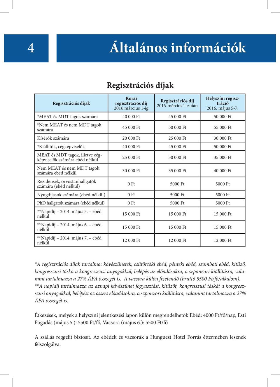 000 Ft 45 000 Ft 50 000 Ft MEAT és MDT tagok, illetve cégképviselők számára ebéd nélkül Nem MEAT és nem MDT tagok számára ebéd nélkül Rezidensek, orvostanhallgatók számára (ebéd nélkül) 25 000 Ft 30