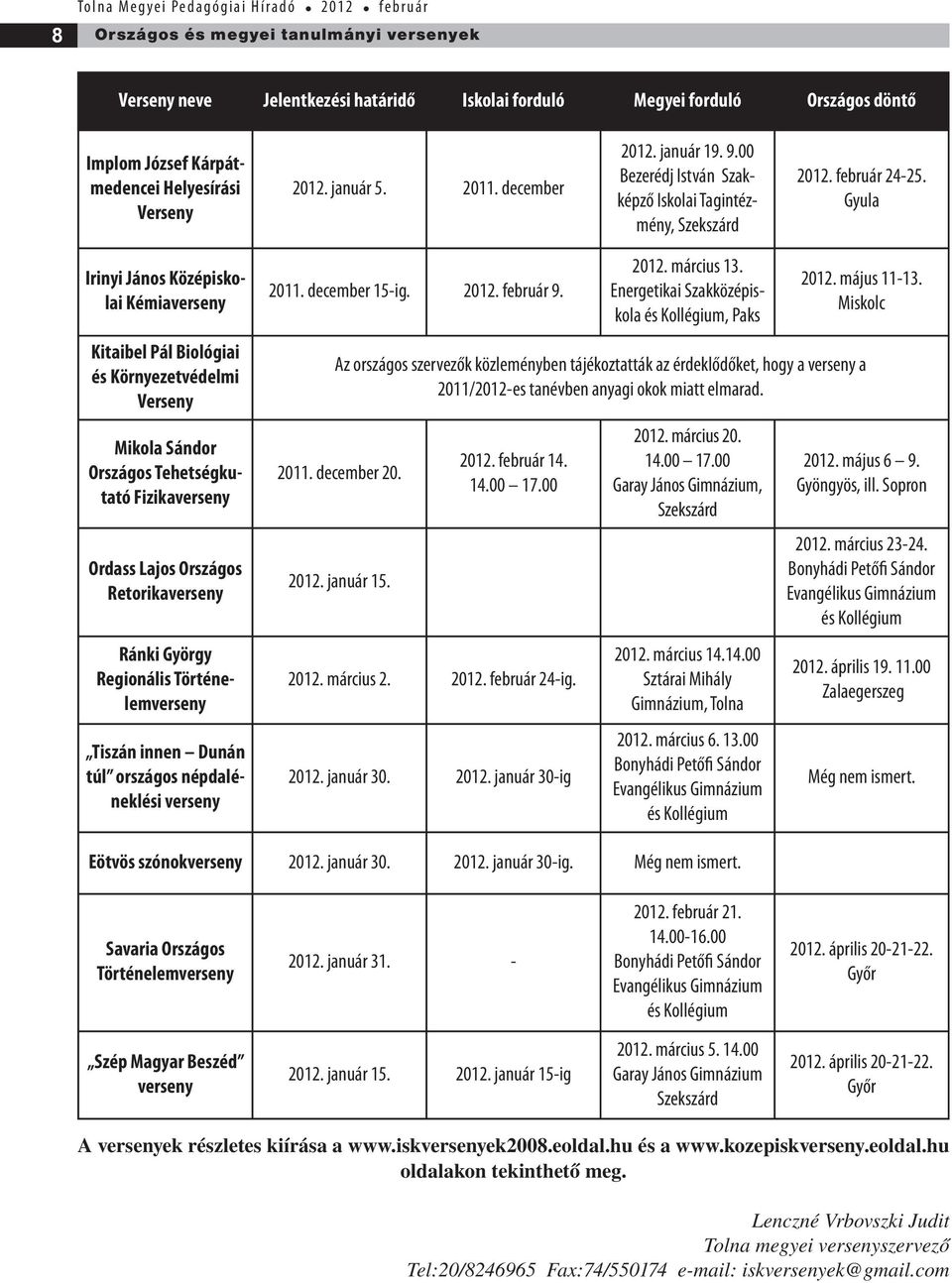 Gyula Irinyi János Középiskolai Kémiaverseny Kitaibel Pál Biológiai és Környezetvédelmi Verseny Mikola Sándor Országos Tehetségkutató Fizikaverseny Ordass Lajos Országos Retorikaverseny Ránki György