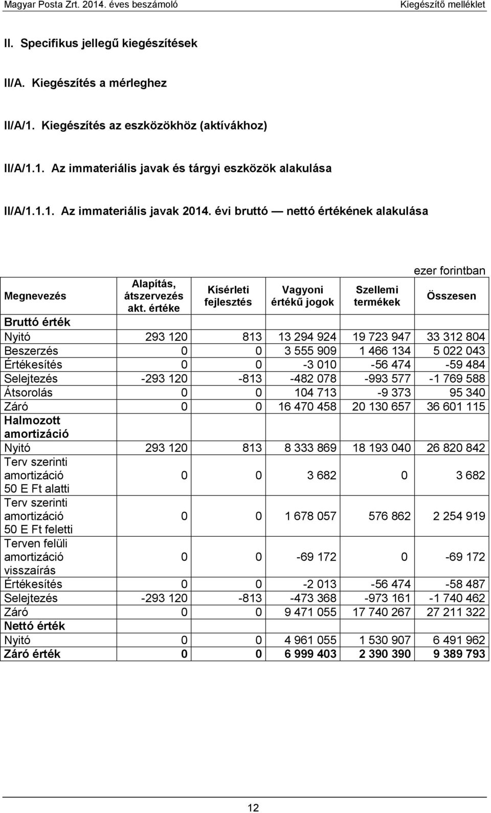 értéke Kísérleti fejlesztés Vagyoni értékű jogok Szellemi termékek Összesen Bruttó érték Nyitó 293 120 813 13 294 924 19 723 947 33 312 804 Beszerzés 0 0 3 555 909 1 466 134 5 022 043 Értékesítés 0