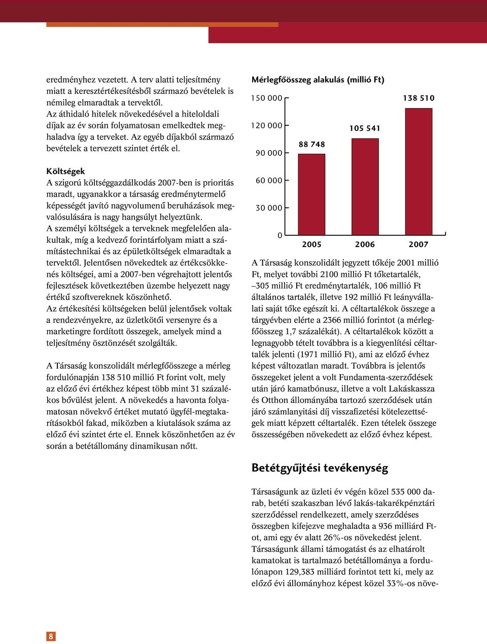 Mérlegfôösszeg alakulás (millió Ft) 150 000 120 000 105 541 88 748 90 000 138 510 Költségek A szigorú költséggazdálkodás 2007-ben is prioritás maradt, ugyanakkor a társaság eredménytermelô képességét