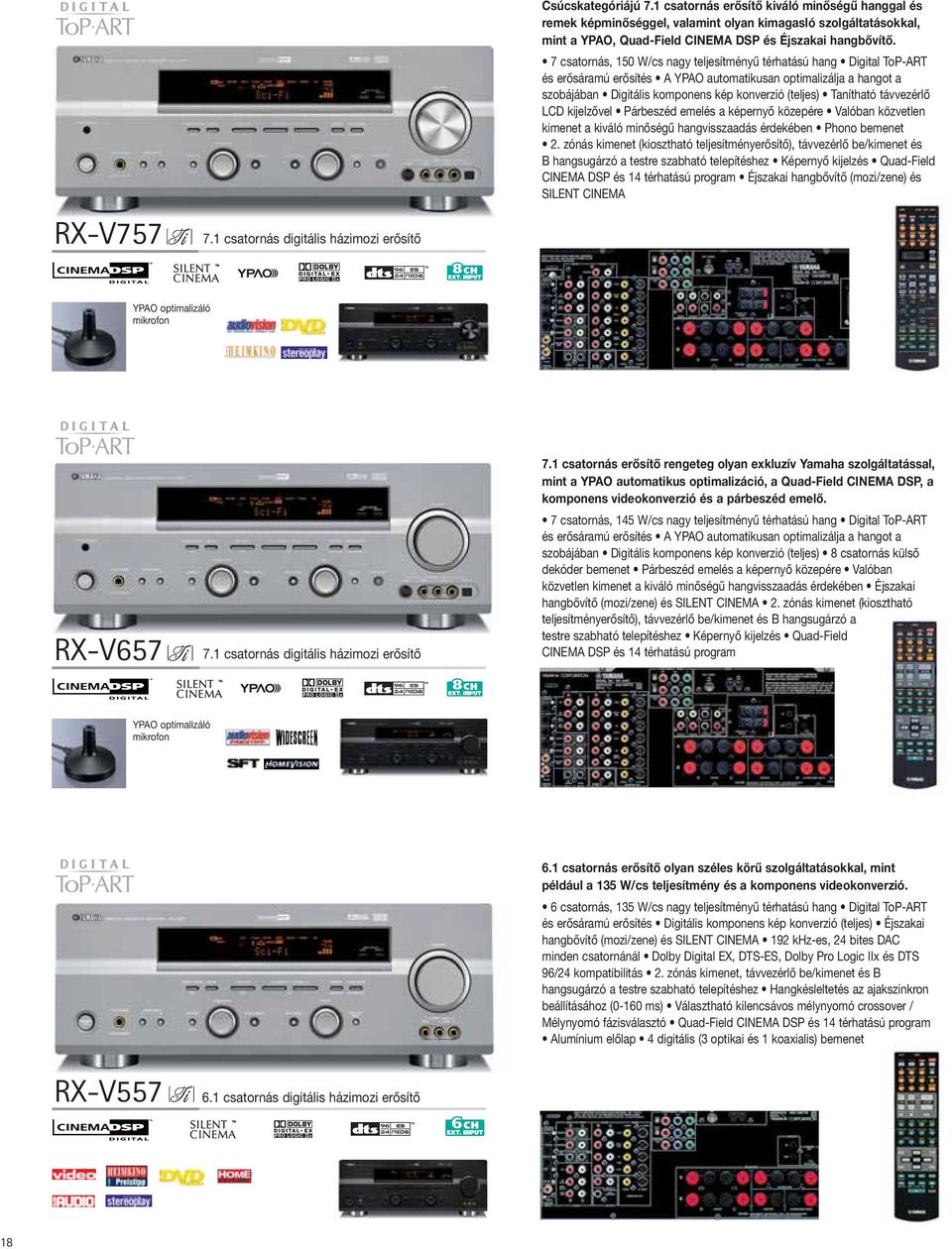 7 csatornás, 150 W/cs nagy teljesítményű térhatású hang Digital ToP-ART és erősáramú erősítés A YPAO automatikusan optimalizálja a hangot a szobájában Digitális komponens kép konverzió (teljes)