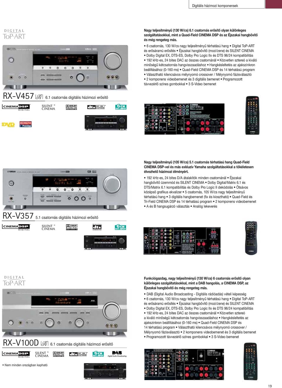 6 csatornás, 130 W/cs nagy teljesítményű térhatású hang Digital ToP-ART és erősáramú erősítés Éjszakai hangbővítő (mozi/zene) és SILENT CINEMA Dolby Digital EX, DTS-ES, Dolby Pro Logic IIx és DTS