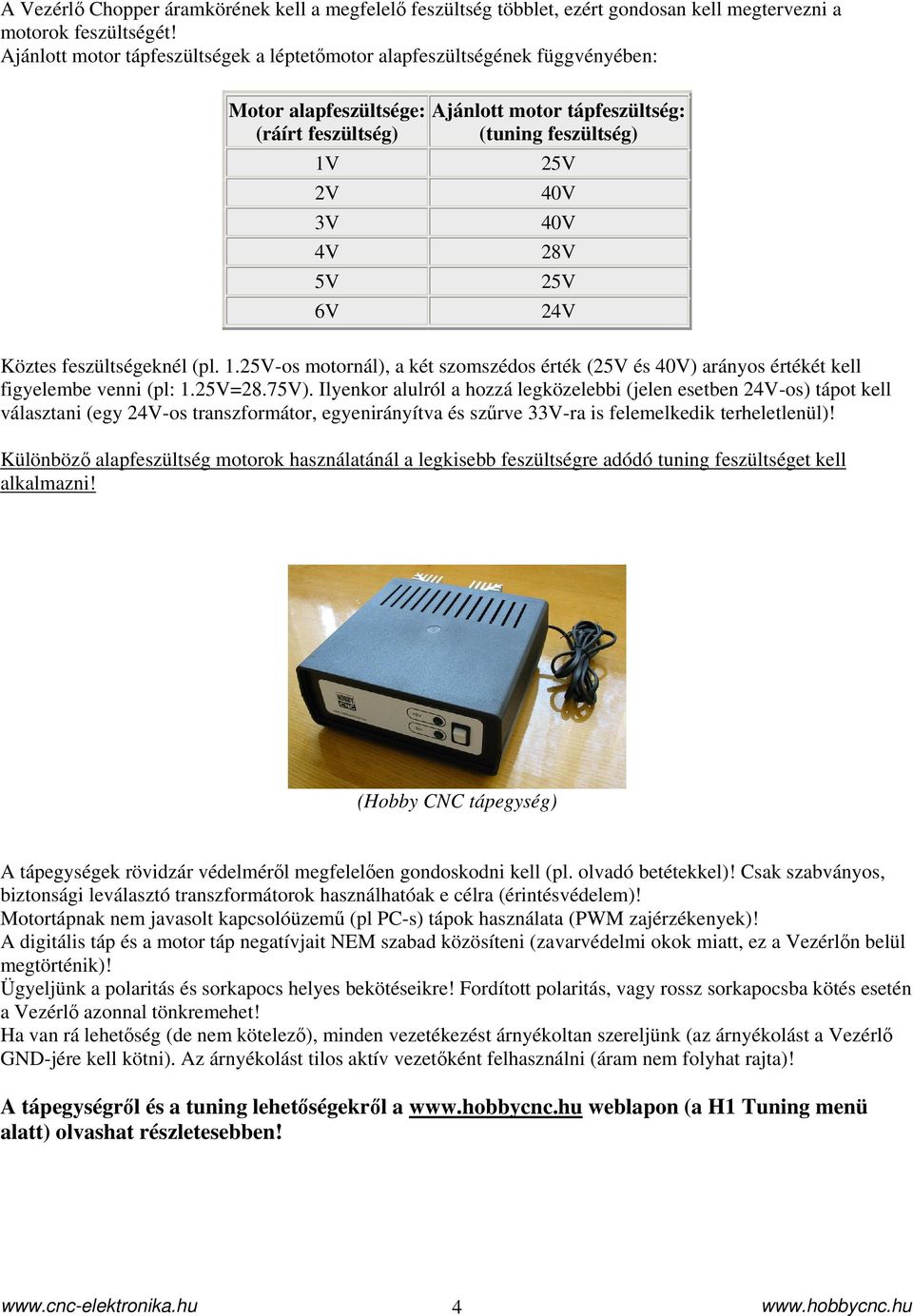 40V 28V 25V 24V Köztes feszültségeknél (pl. 1.25V-os motornál), a két szomszédos érték (25V és 40V) arányos értékét kell figyelembe venni (pl: 1.25V=28.75V).