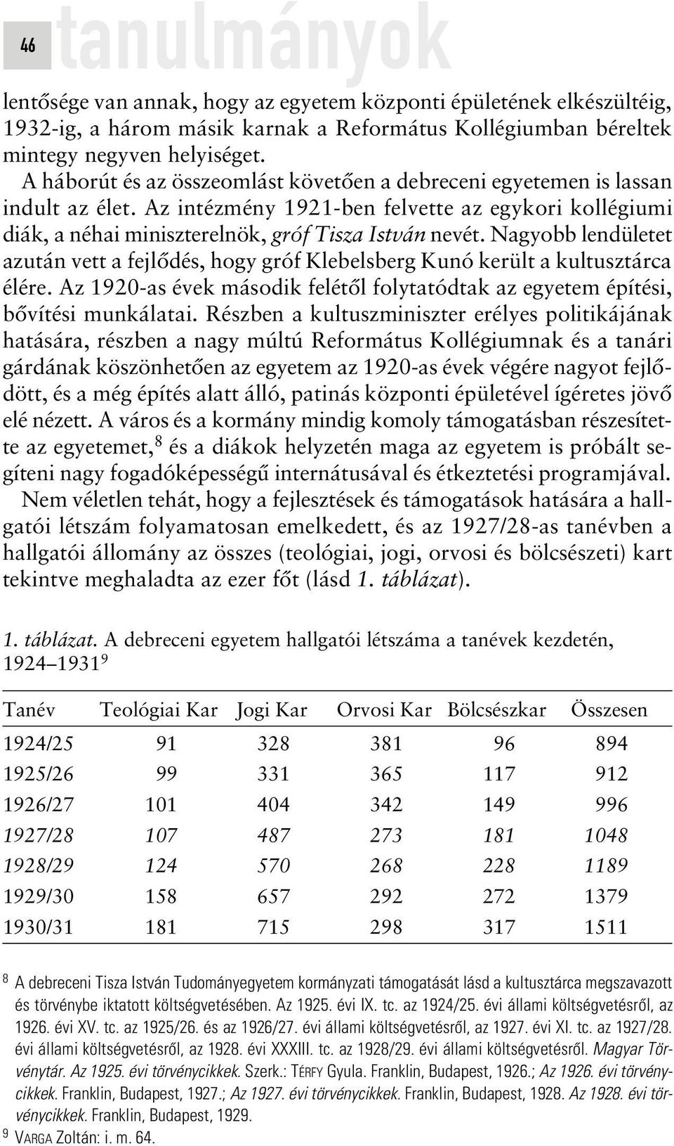 Nagyobb lendületet azután vett a fejlôdés, hogy gróf Klebelsberg Kunó került a kultusztárca élére. Az 1920-as évek második felétôl folytatódtak az egyetem építési, bôvítési munkálatai.