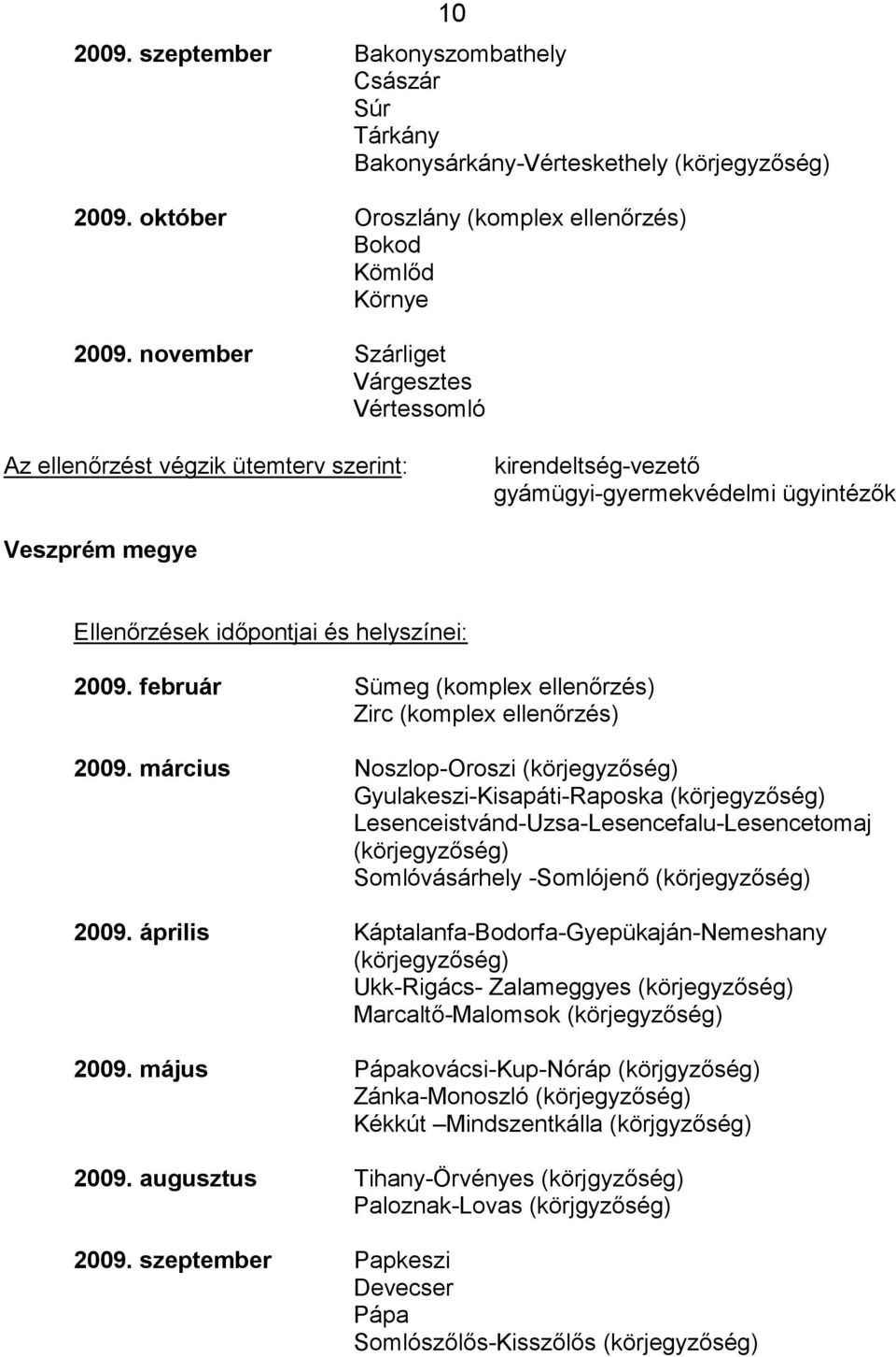 február Sümeg (komplex ellenőrzés) Zirc (komplex ellenőrzés) 2009.