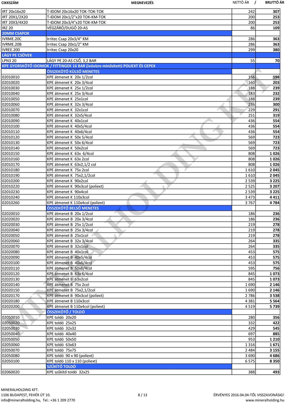 200 Irritec Csap 20x20 299 380 LÁGY PE CSÖVEK LPN3 20 LÁGY PE 20-AS CSŐ, 3,2 BAR 55 70 KPE GYORSKÖTŐ IDOMOK / FITTINGEK 16 BAR (ivóvízre minősített) POLIEXT ÉS CEPEX ÖSSZEKÖTŐ KÜLSŐ MENETES 02010010