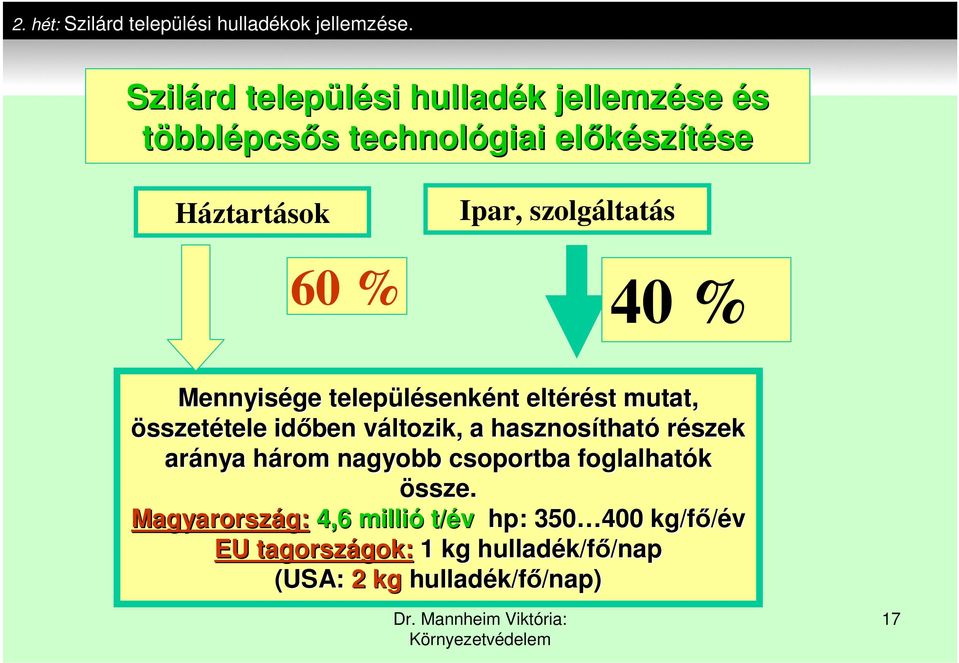 szolgáltatás 60 % 40 % Mennyisége településenk senként nt eltérést mutat, összet sszetétele tele időben változik, v a