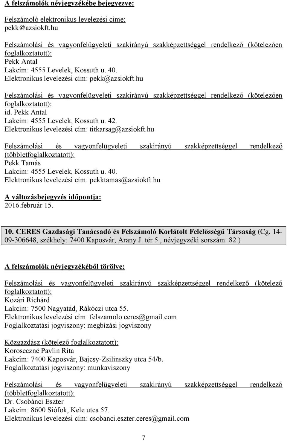 hu 2016.február 15. 10. CERES Gazdasági Tanácsadó és Felszámoló Korlátolt Felelősségű Társaság (Cg. 14-09-306648, székhely: 7400 Kaposvár, Arany J. tér 5., névjegyzéki sorszám: 82.