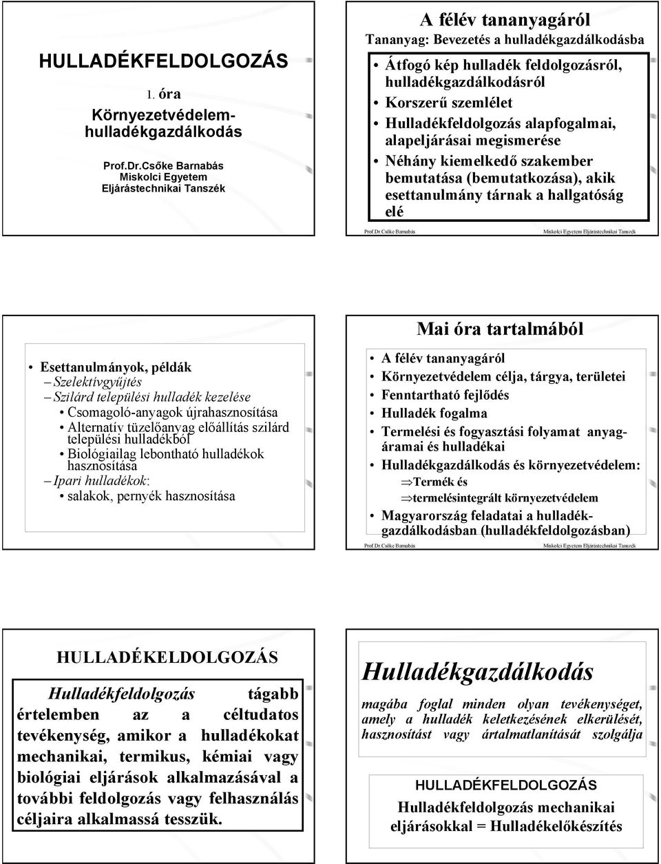 hulladékgazdálkodásról Korszerű szemlélet feldolgozás alapfogalmai, alapeljárásai megismerése Néhány kiemelkedő szakember bemutatása (bemutatkozása), akik esettanulmány tárnak a hallgatóság elé Mai