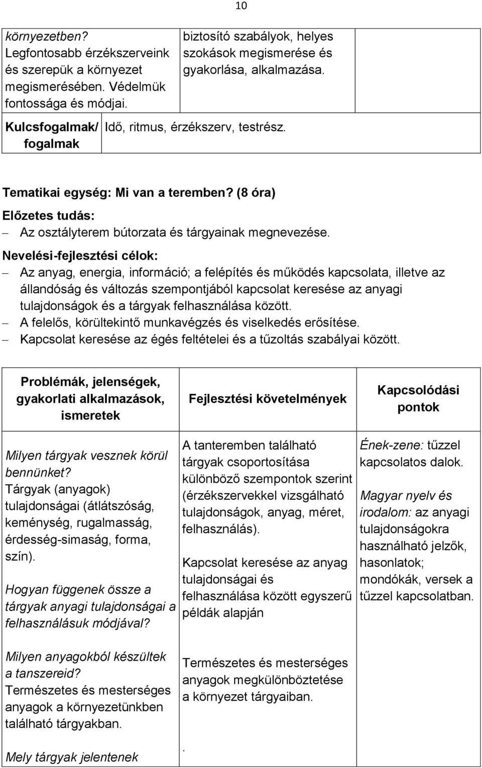 Nevelési-fejlesztési célok: Az anyag, energia, információ; a felépítés és működés kapcsolata, illetve az állandóság és változás szempontjából kapcsolat keresése az anyagi tulajdonságok és a tárgyak