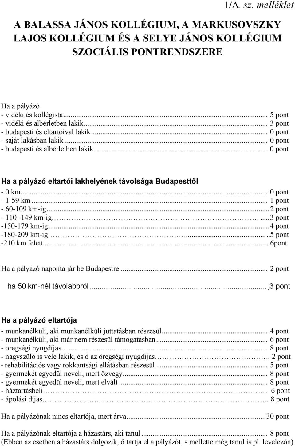 . 0 pont Ha a pályázó eltartói lakhelyének távolsága Budapesttől - 0 km... 0 pont - 1-59 km... 1 pont - 60-109 km-ig... 2 pont - 110-149 km-ig... 3 pont -150-179 km-ig... 4 pont -180-209 km-ig.