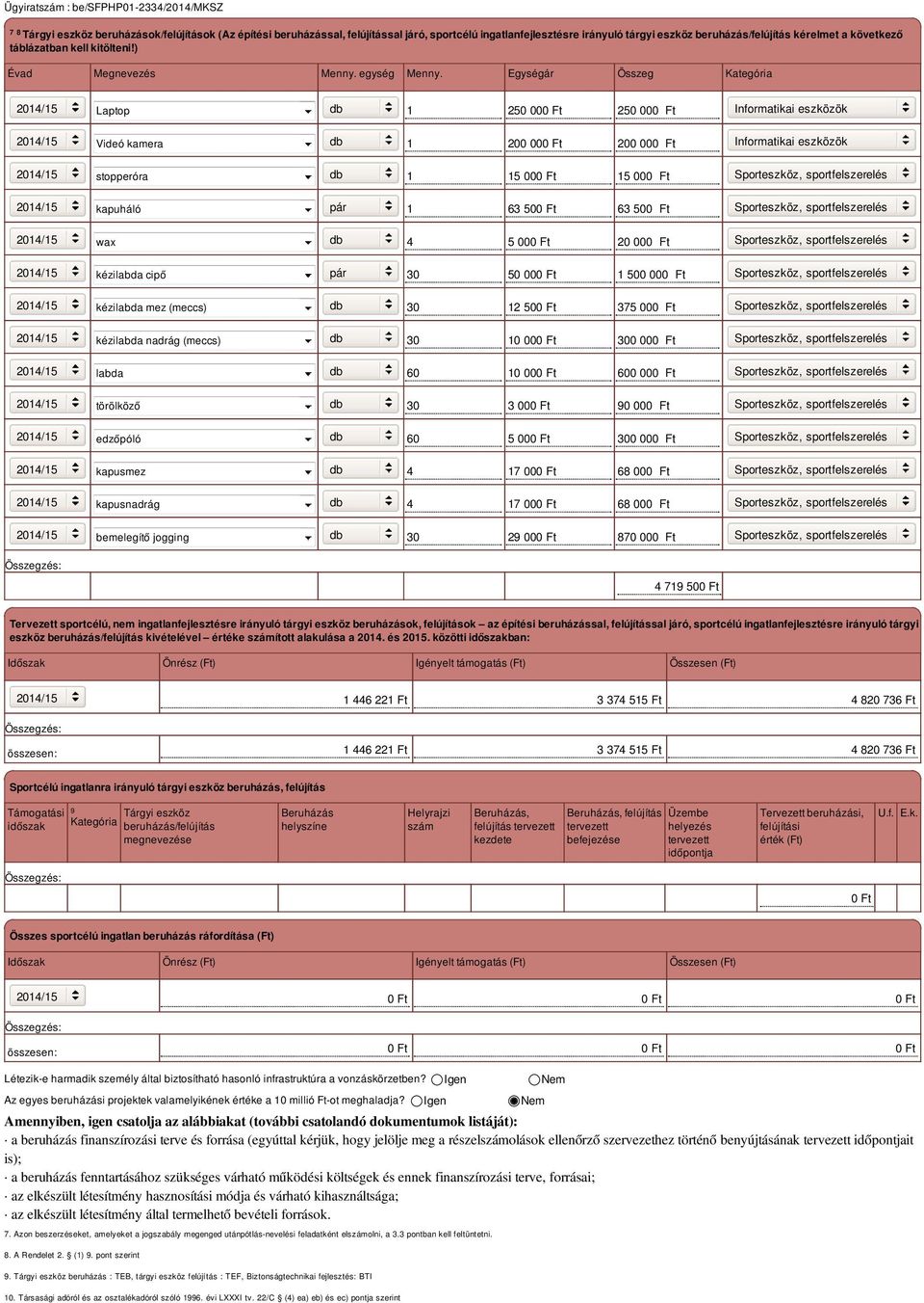 Egységár Összeg Kategória Laptop db 1 250 000 Ft 250 000 Ft Informatikai eszközök Videó kamera db 1 200 000 Ft 200 000 Ft Informatikai eszközök stopperóra db 1 15 000 Ft 15 000 Ft, sportfelszerelés