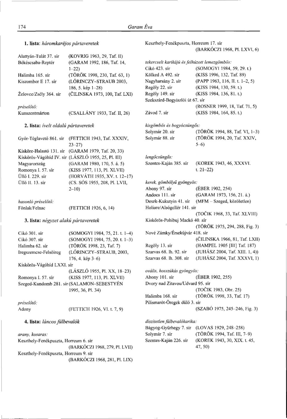 lista: ívelt oldalú pártaveretek Győr-Téglavető 861. sír (FETTICH 1943, Taf. XXXIV, 23-27) Kisköre-Halastó 131. sír (GARAM 1979, Taf. 20, 33) Kiskőrös-Vágóhíd IV. sír (LÁSZLÓ 1955, 25, Pl.