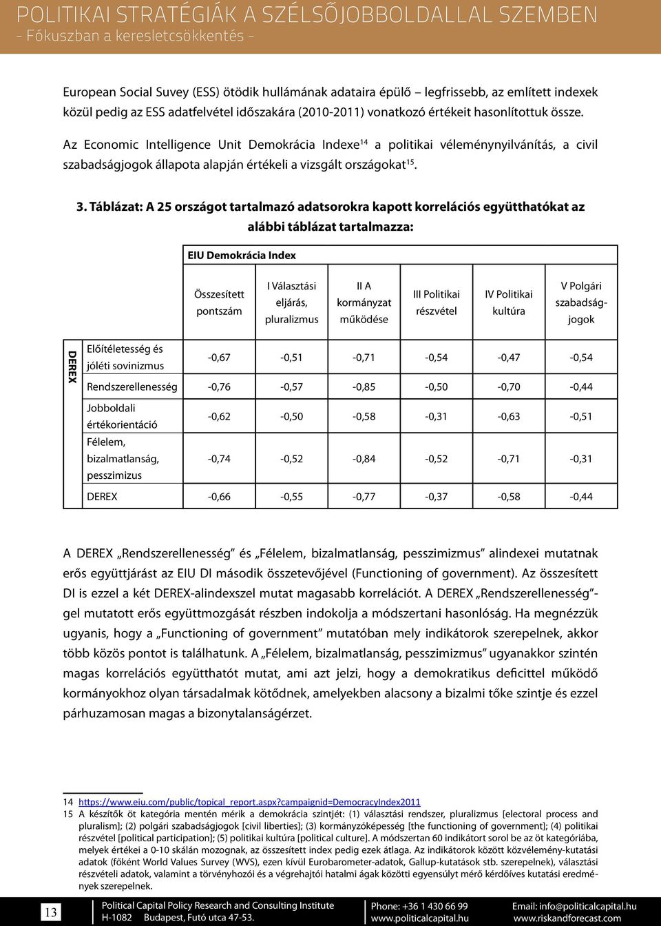 Táblázat: A 25 országot tartalmazó adatsorokra kapott korrelációs együtthatókat az alábbi táblázat tartalmazza: EIU Demokrácia Index Összesített pontszám I Választási eljárás, pluralizmus II A