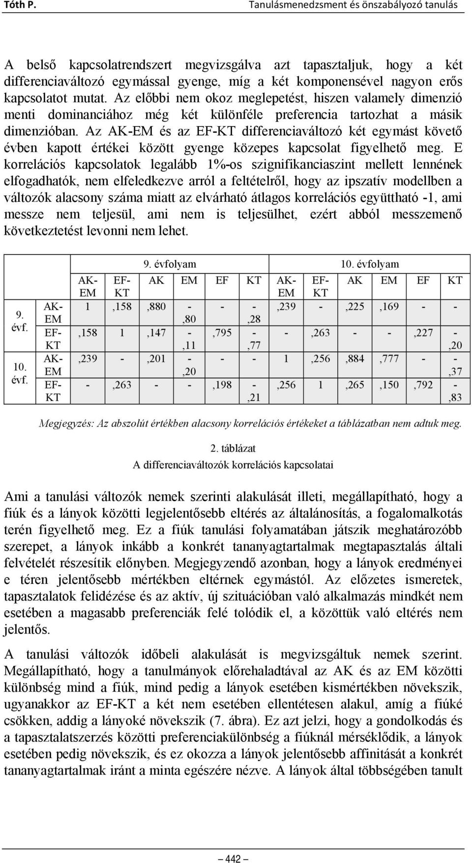 Az AK-EM és az EF-KT differenciaváltozó két egymást követő évben kapott értékei között gyenge közepes kapcsolat figyelhető meg.