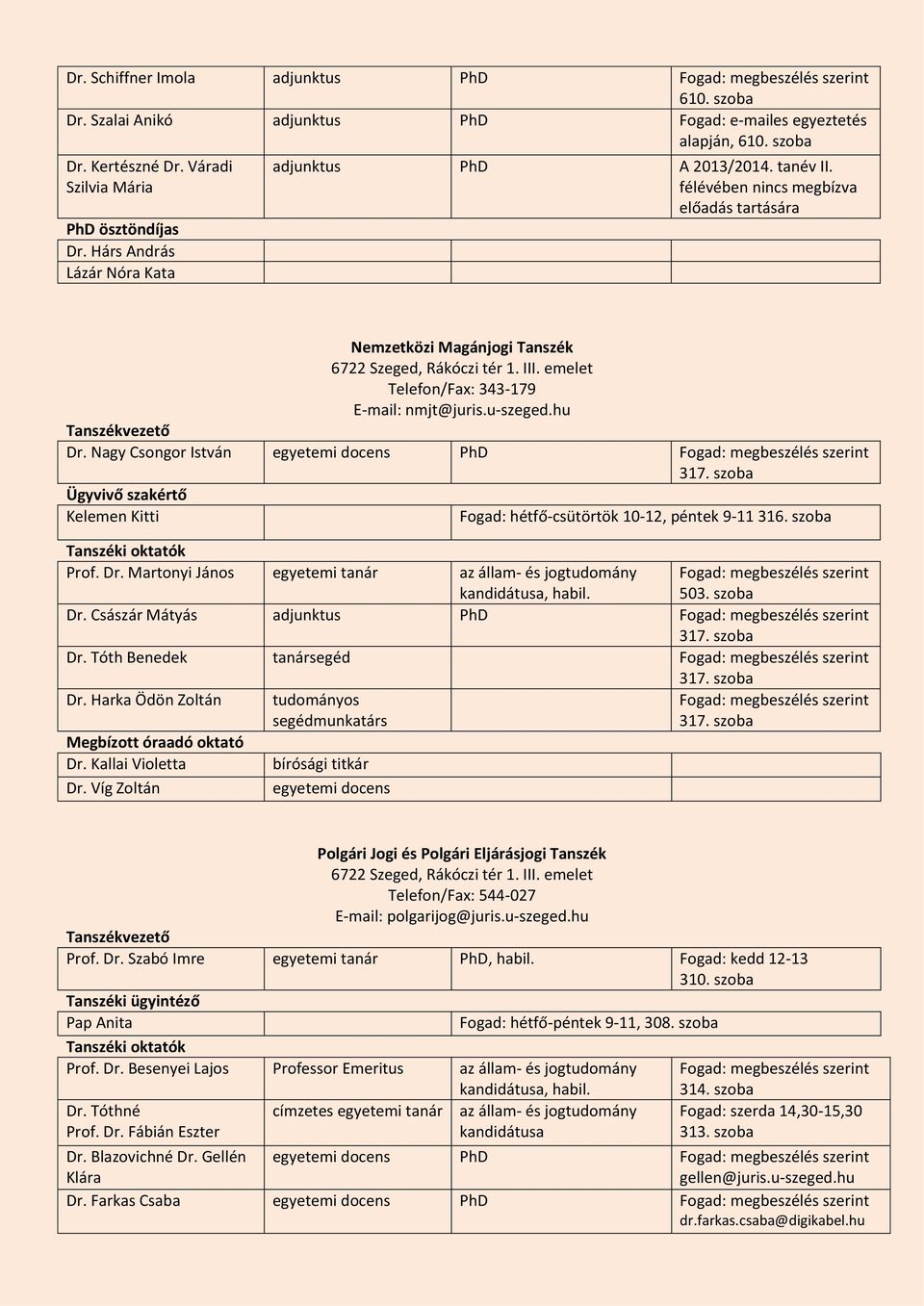 emelet Telefon/Fax: 343-179 E-mail: nmjt@juris.u-szeged.hu Dr. Nagy Csongor István egyetemi PhD 317. szoba Ügyvivő szakértő Kelemen Kitti Prof. Dr. Martonyi János egyetemi tanár az állam- és jogtudomány Fogad: hétfő-csütörtök 10-12, péntek 9-11 316.