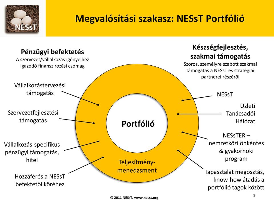 Teljesítménymenedzsment Készségfejlesztés, szakmai támogatás Szoros, személyre szabott szakmai támogatás a NESsT és stratégiai partnerei részéről